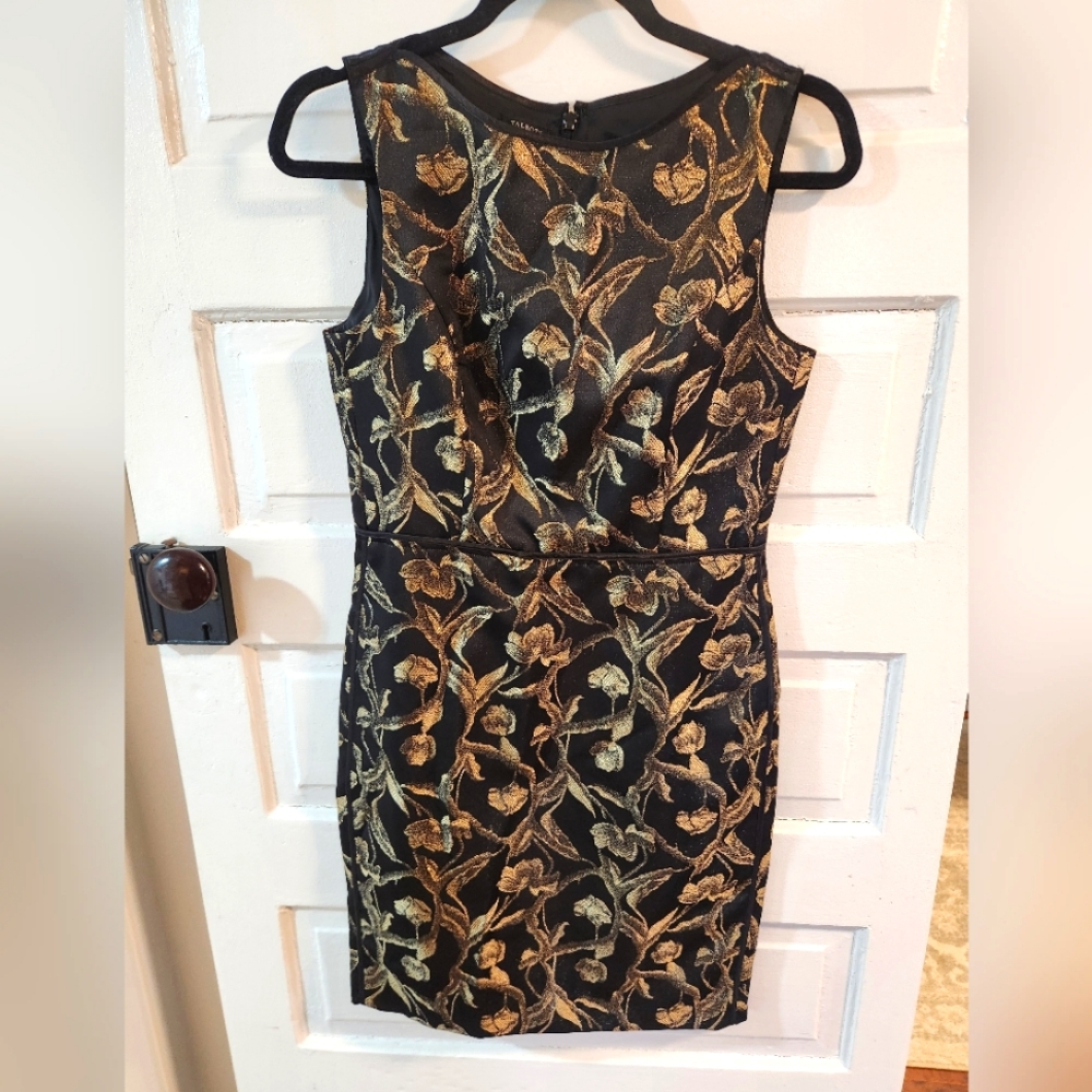 NWOT Talbots Black Metallic Gold Satin Foral Boat Neck Pencil Dress. Size 4